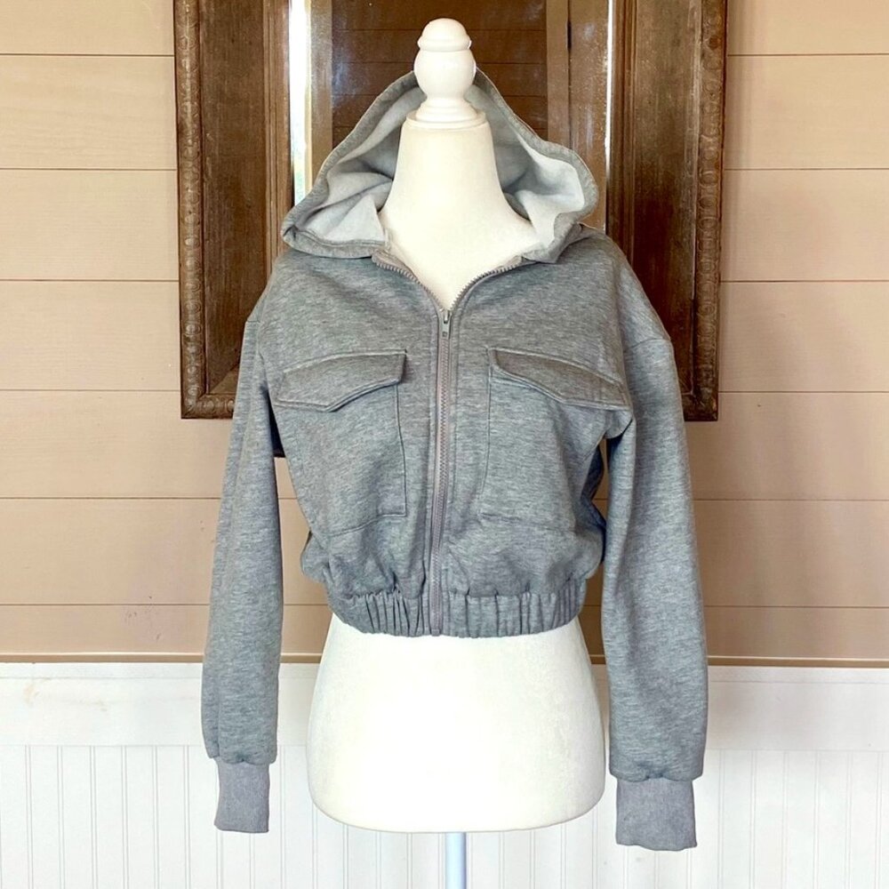 90's, Y2K Gray Fleece Cropped Bomber Hoody Jacket Sz S